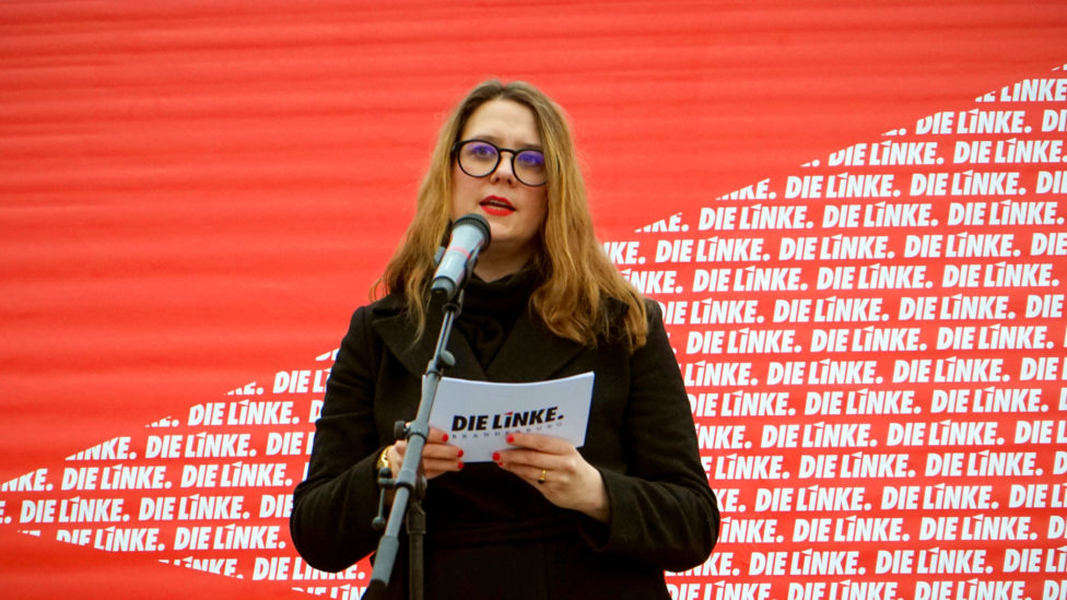 Anja Mayer steht am Mikrofon vor einem Transparent mit LINKE-Logos