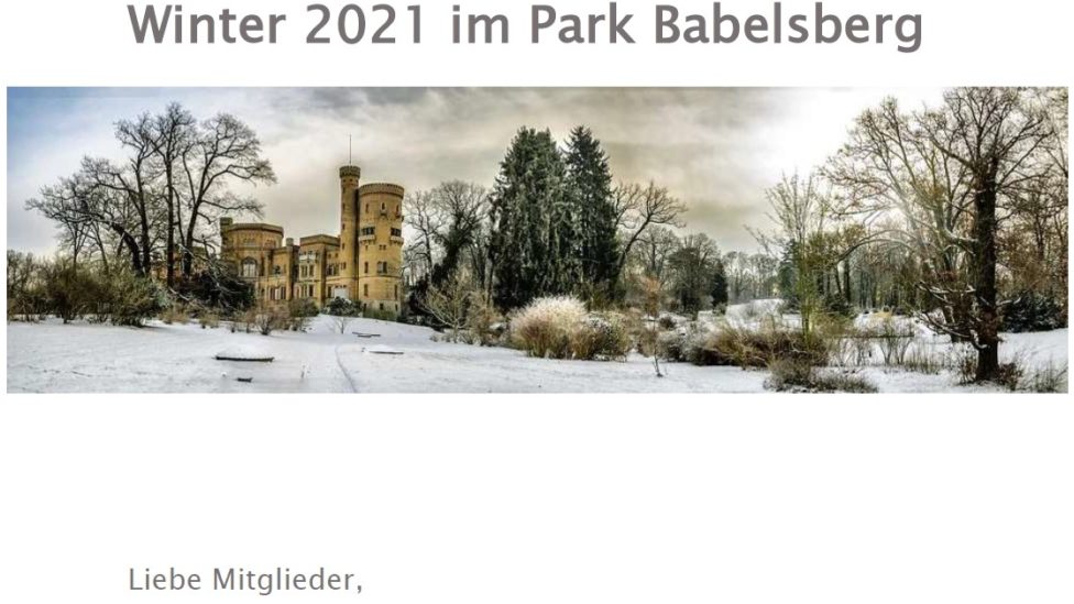 Grußkarte mit einem Foto des verschneiten Parks Babelsberg in Potsdam